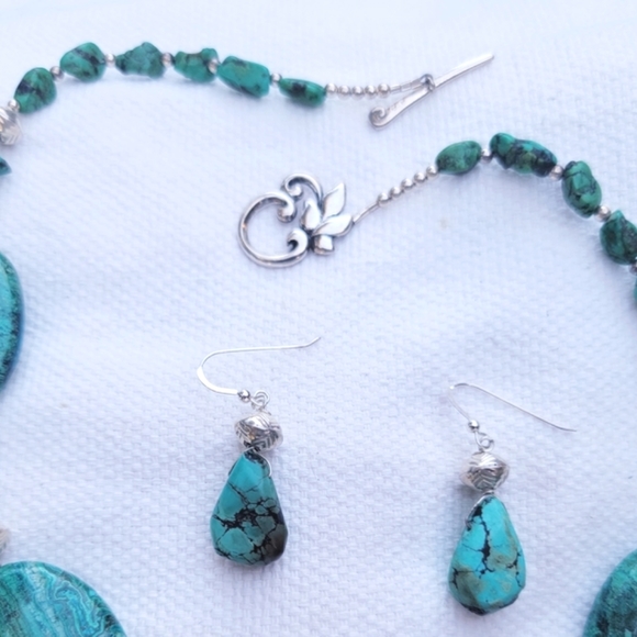 Turquoise and Chrysocolla Sterling Necklace Earrings Set - Picture 2 of 5